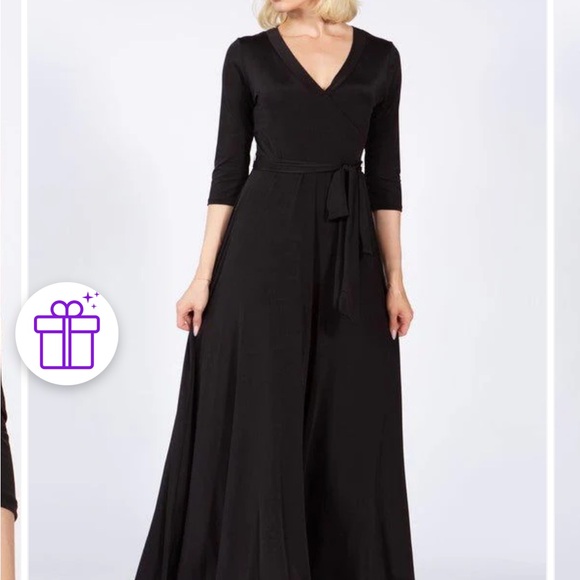 Black faux wrap maxi 3/4 sleeve dress - Picture 6 of 7